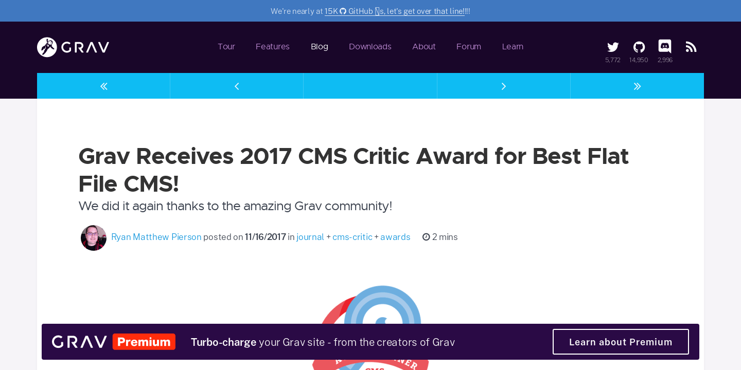 Grav Receives 2017 CMS Critic Award for Best Flat File CMS! Grav CMS