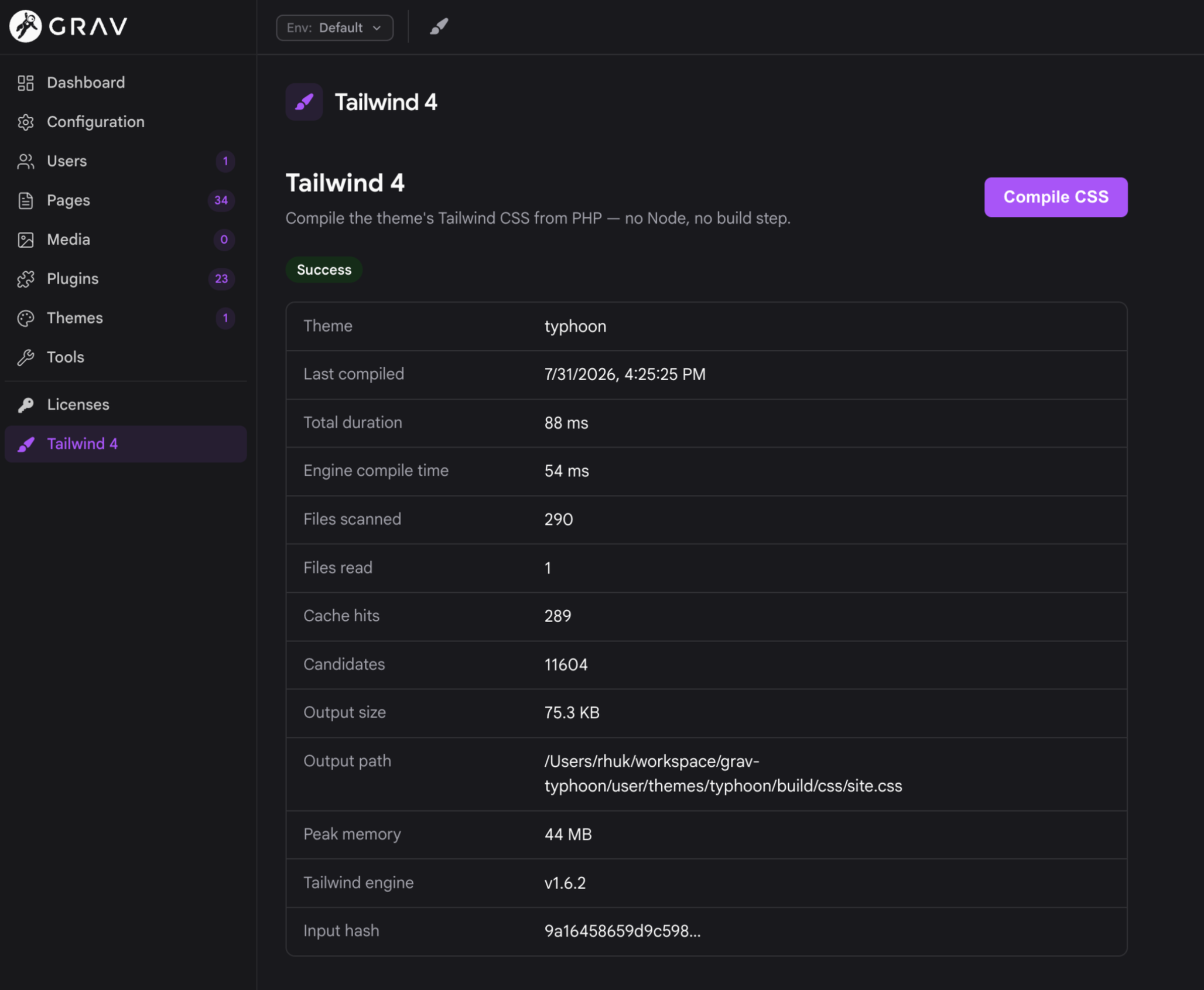 Tailwind 4 admin report page showing a successful Typhoon compile