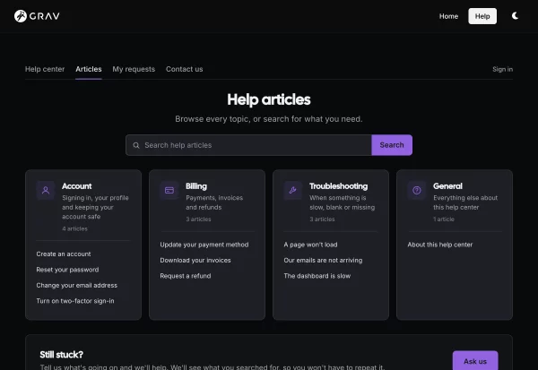 The articles index, with a card for every topic