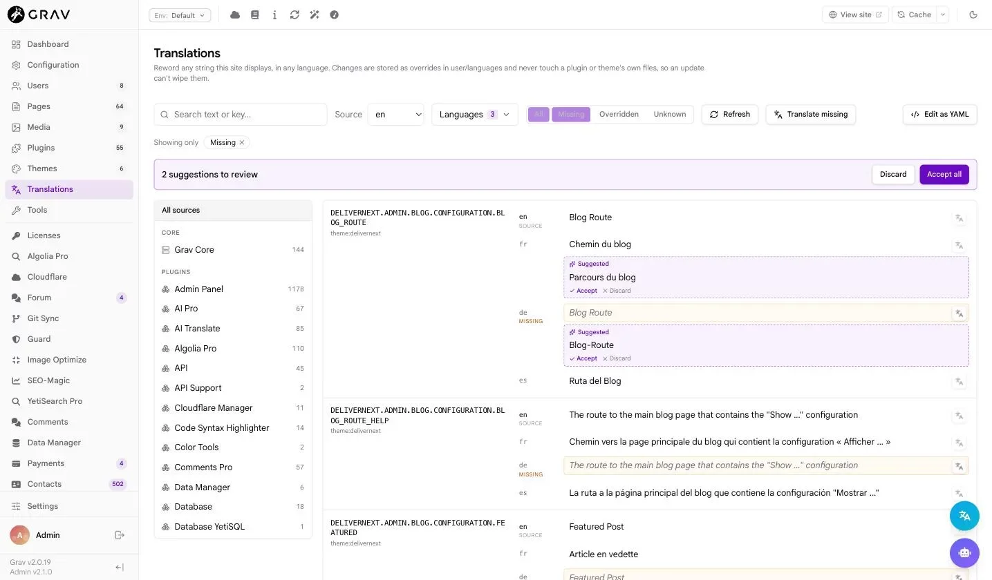 Machine translations staged for review before anything is saved