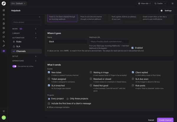 A team channel posting ticket events to Slack