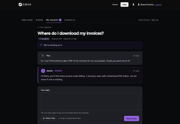 A request conversation, with the support reply and reply box