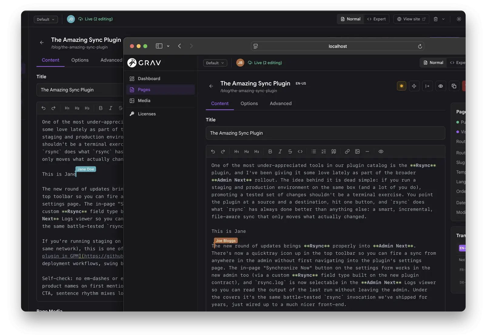 Live presence avatars and named cursors during collaborative editing