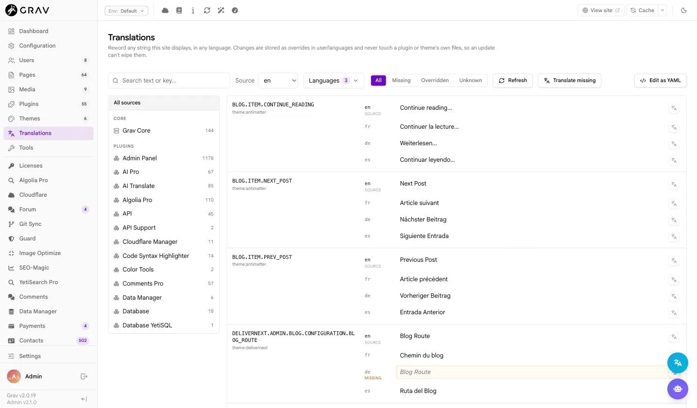 The Translations section with three languages open