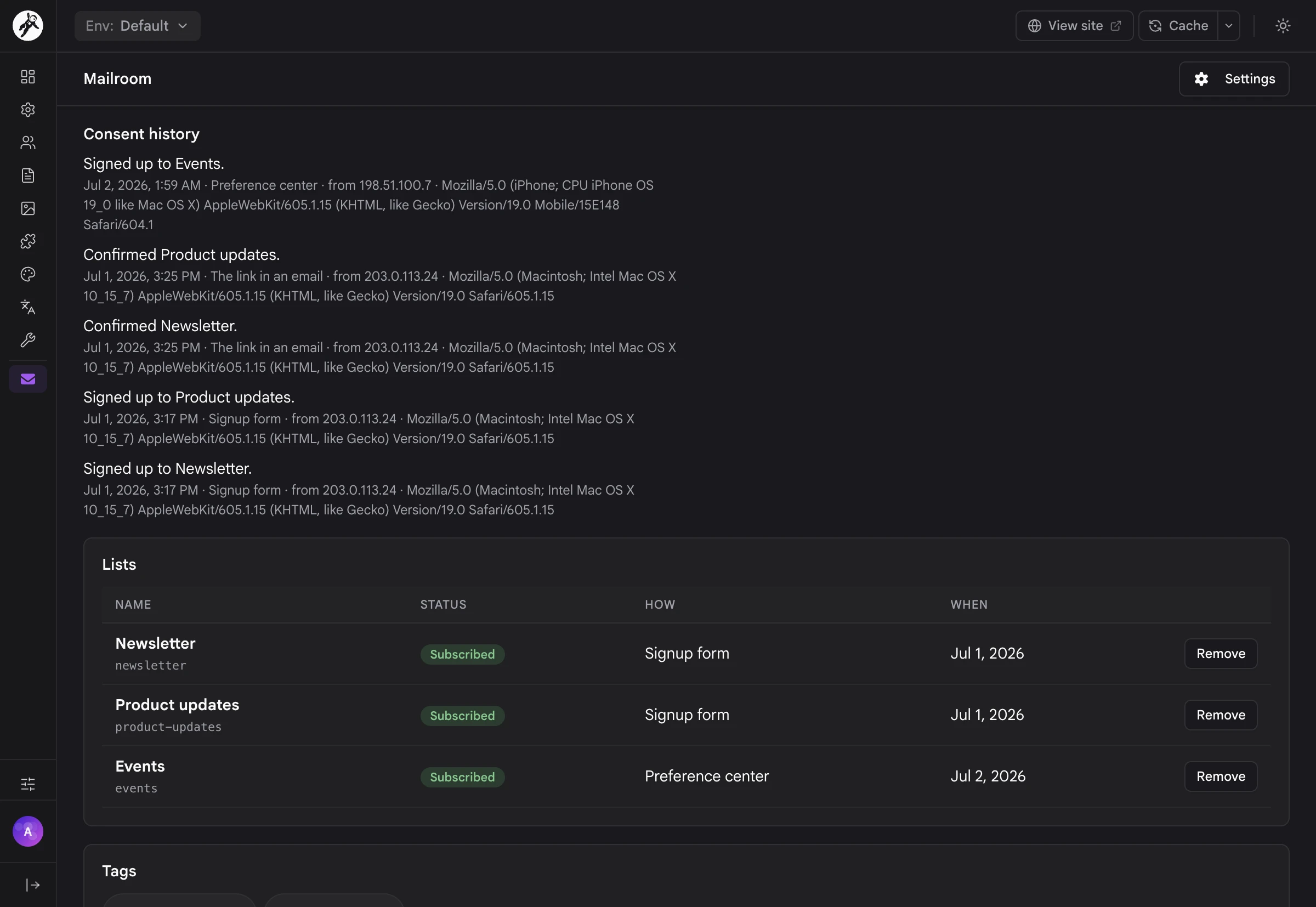 A subscriber's consent history and their lists