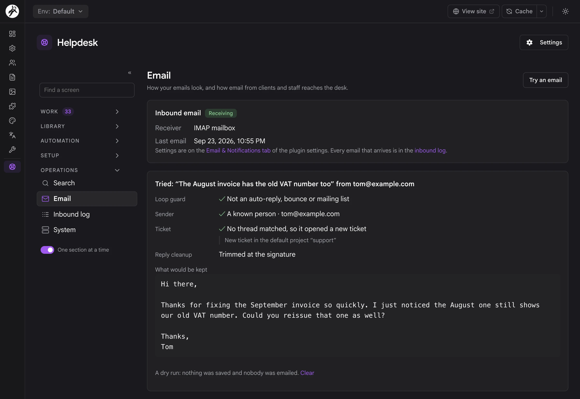 The Email screen showing a dry run of a pasted email