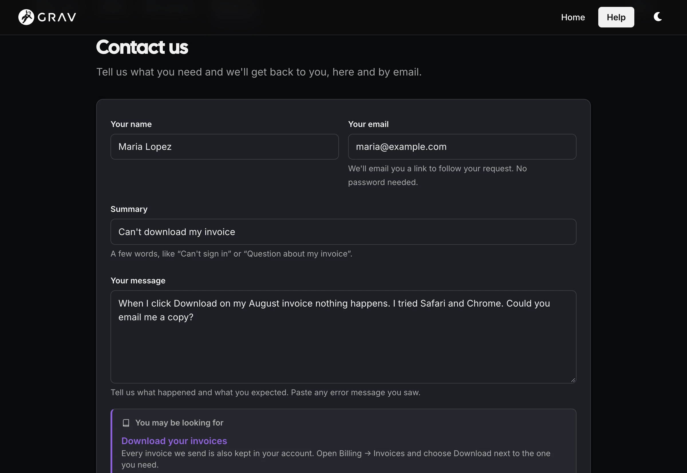 The Contact us form suggesting a help article while the client types