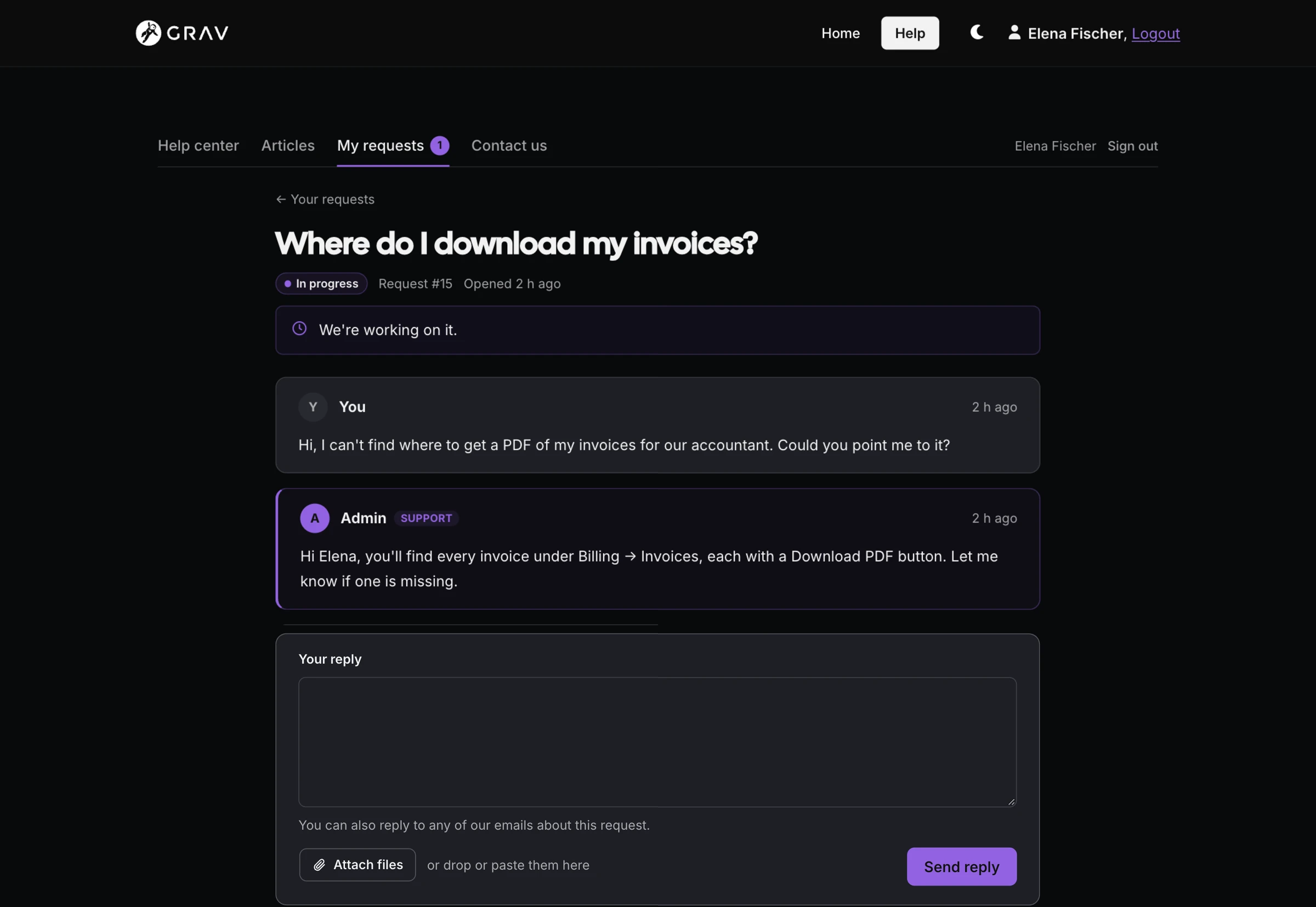 A client's request page in the portal with the conversation and reply box