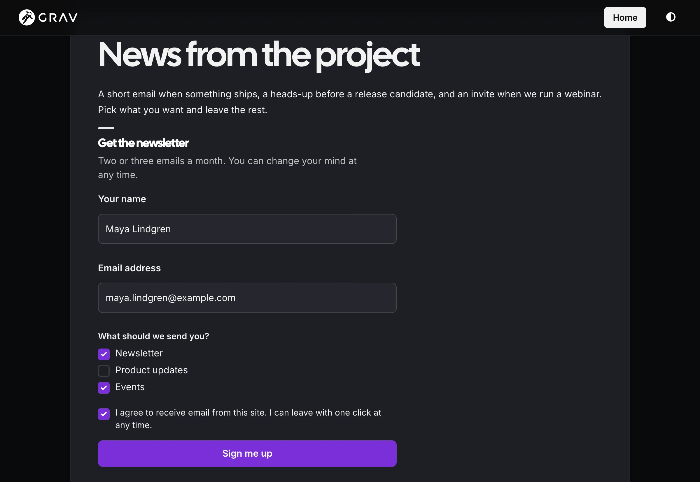 A signup form offering Newsletter, Product updates and Events as checkboxes
