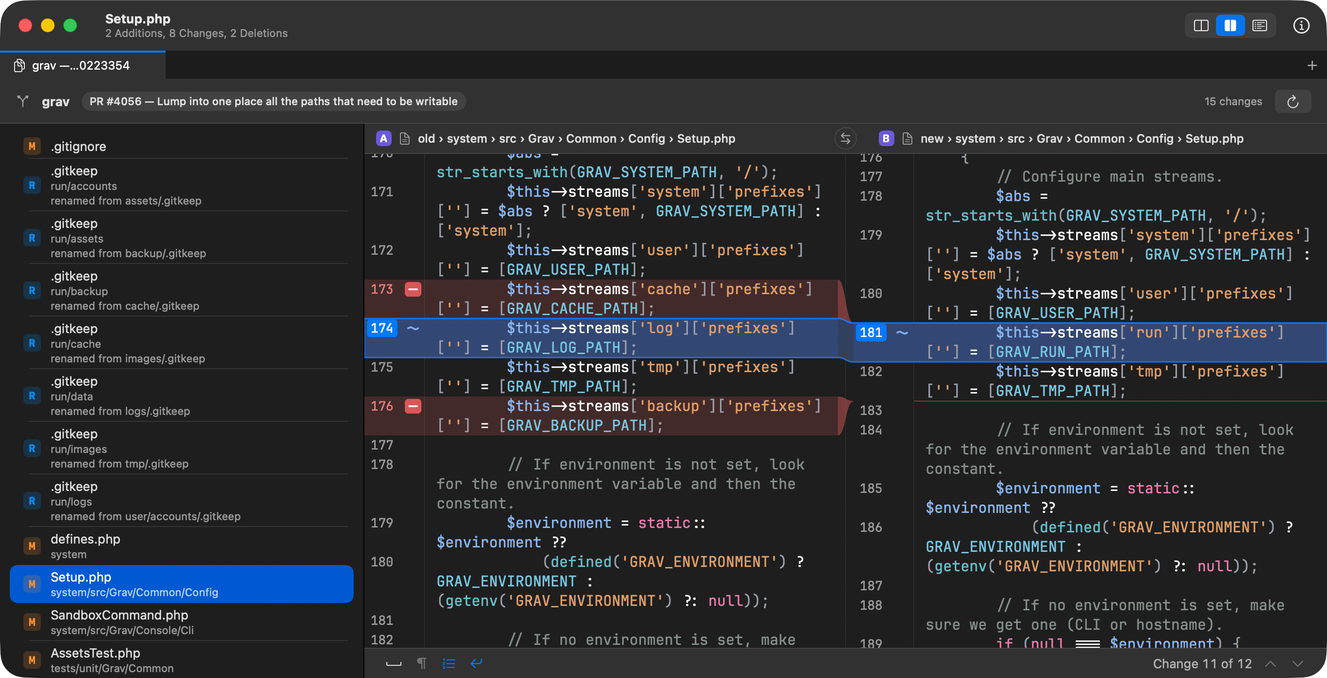 Riffle reviewing a real Grav core pull request: the changed files listed down the side, a side-by-side diff of Setup.php on the right, and the Comment, Approve, and Request Changes controls in the header.