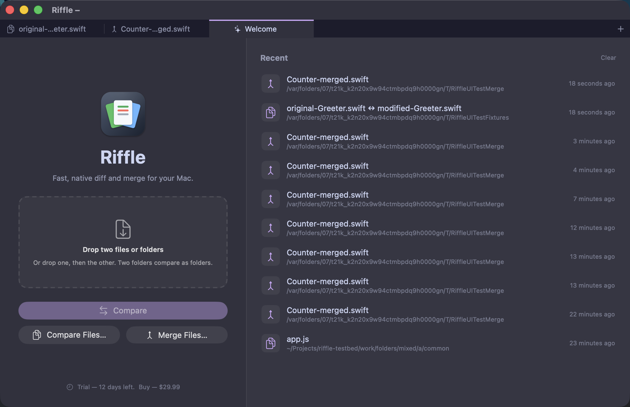 The Riffle welcome screen: drop two files or folders to compare, or open recent comparisons.