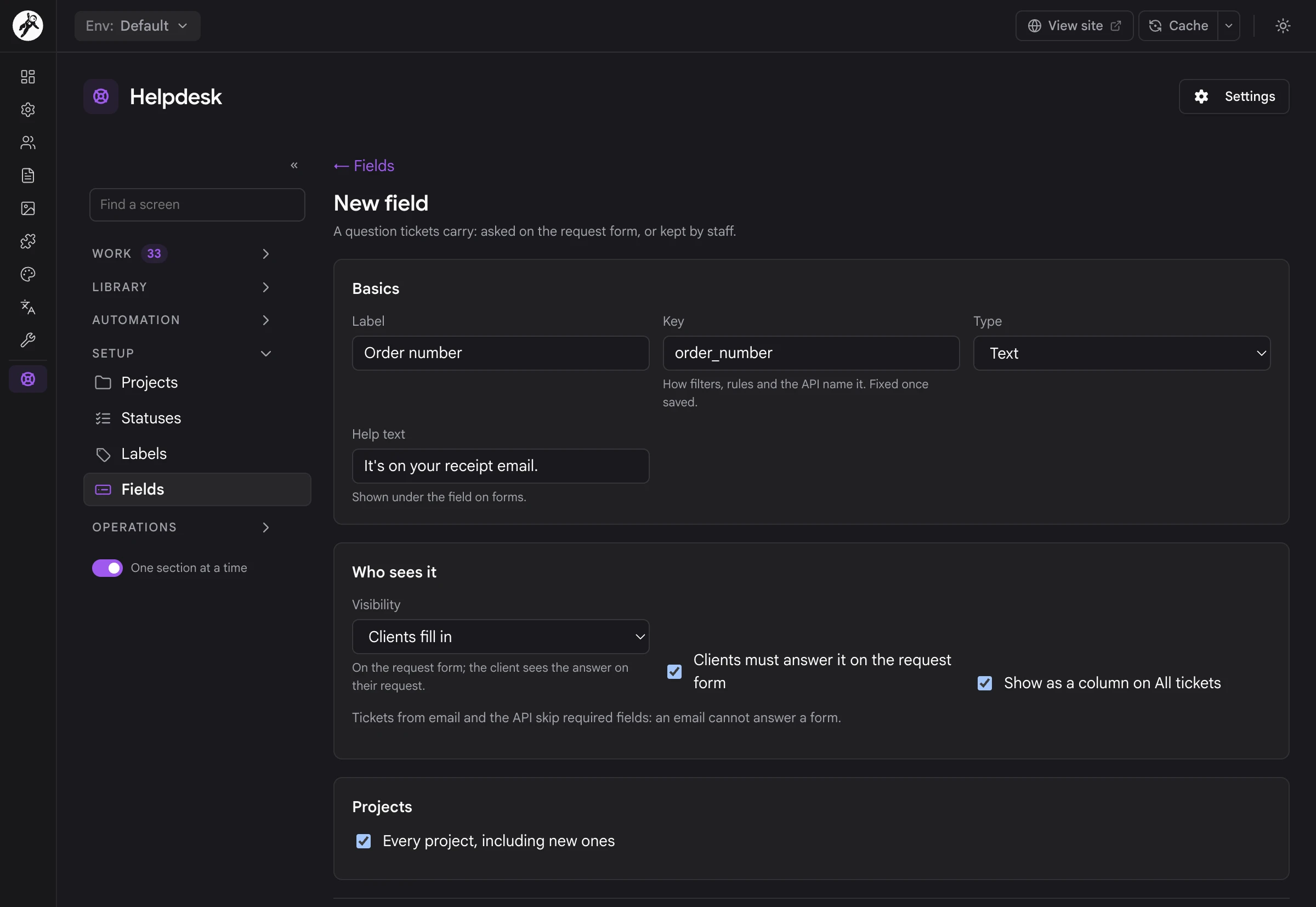 The custom field editor with its visibility, required and column options
