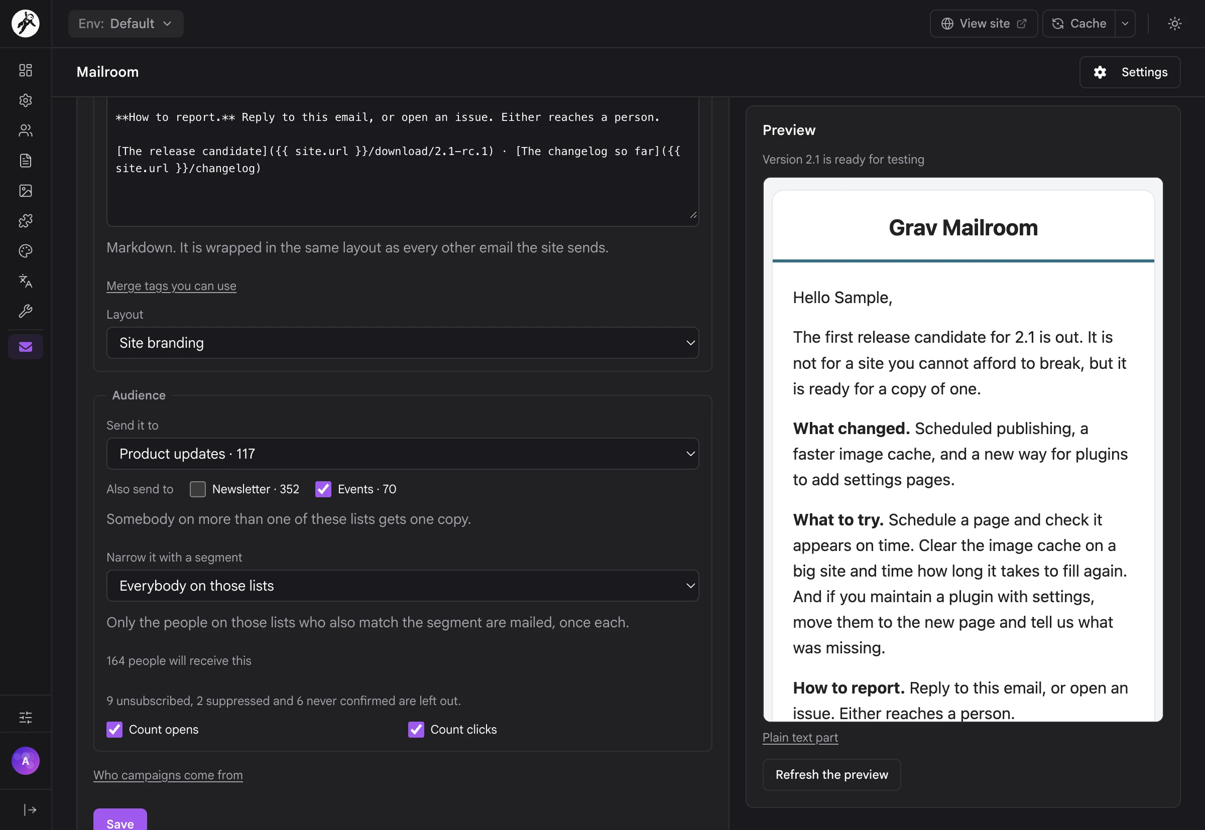 The campaign editor sending to Product updates and Events, with the live preview beside it