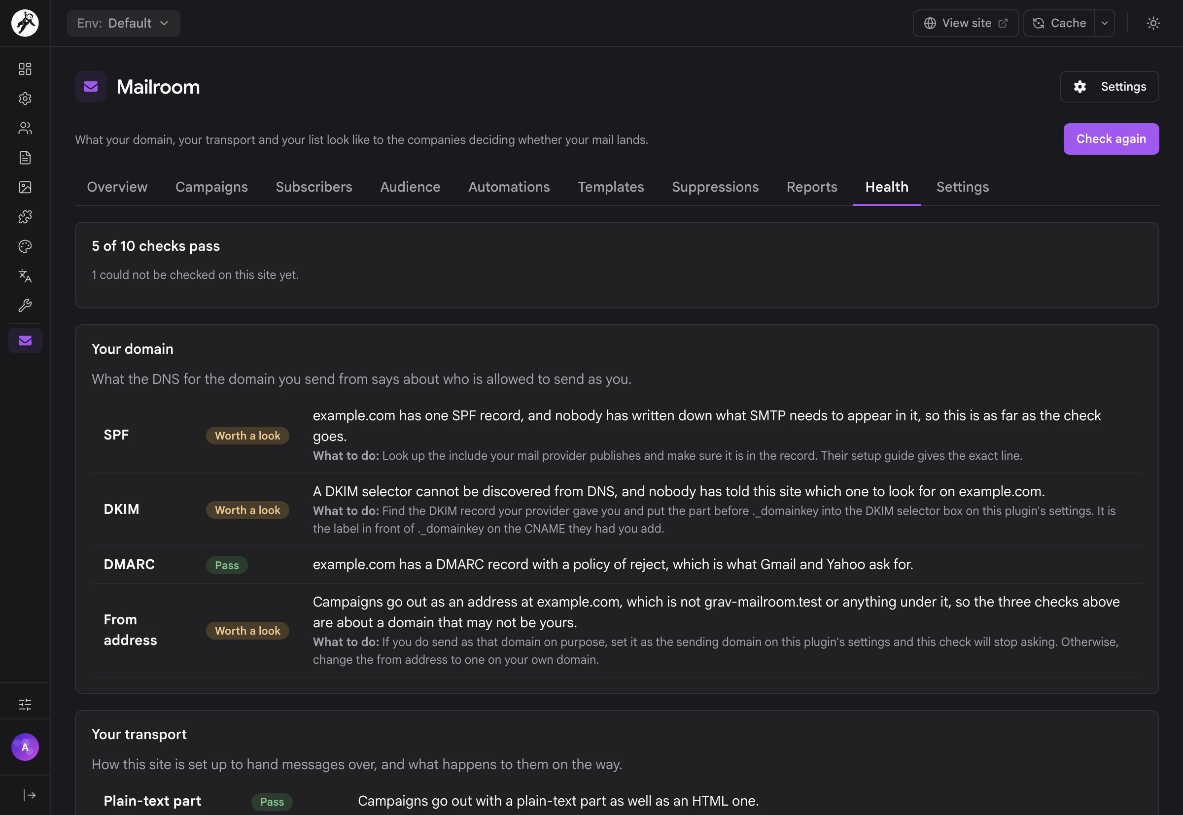 The Health tab checking SPF, DKIM, DMARC and the From address, with what to do about each