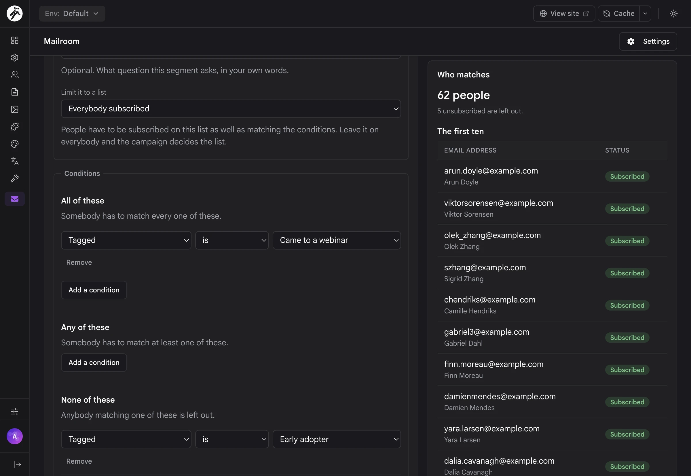 The segment editor with All, Any and None condition groups and the people who match