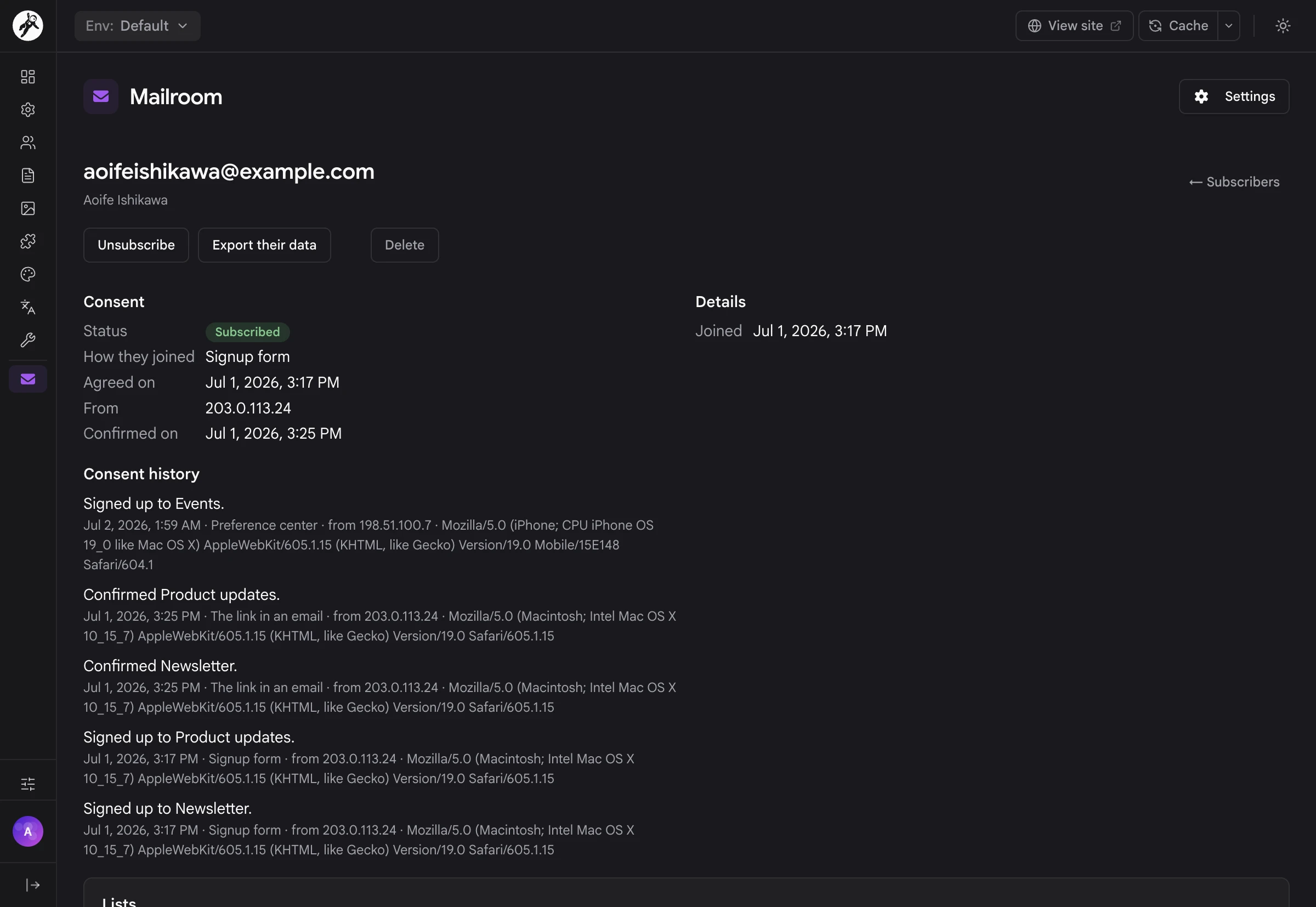 A subscriber's page with Export their data, when they agreed and their consent history